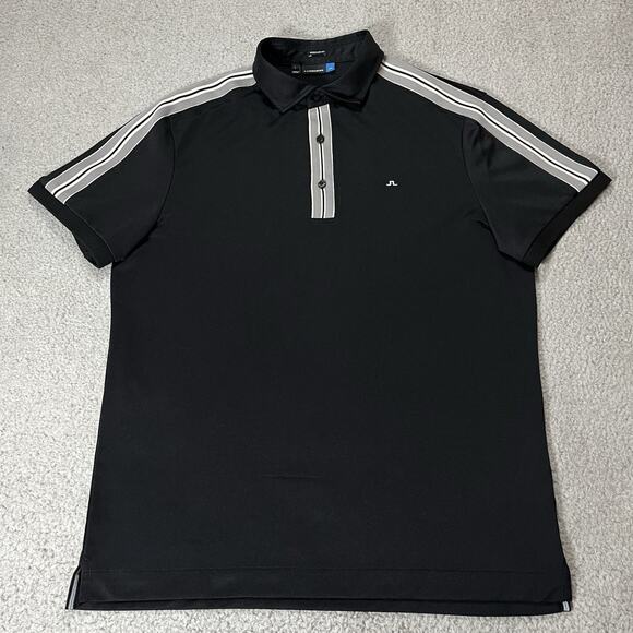 J Lindeberg Polo Shirt Mens Large Black Stripe Golf Performance Tour Logo - Picture 2 of 12